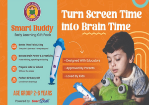 Child using SmartSpeak interactive book and Smartspeak reader to learn fruits names – screen-free learning tool for preschoolers